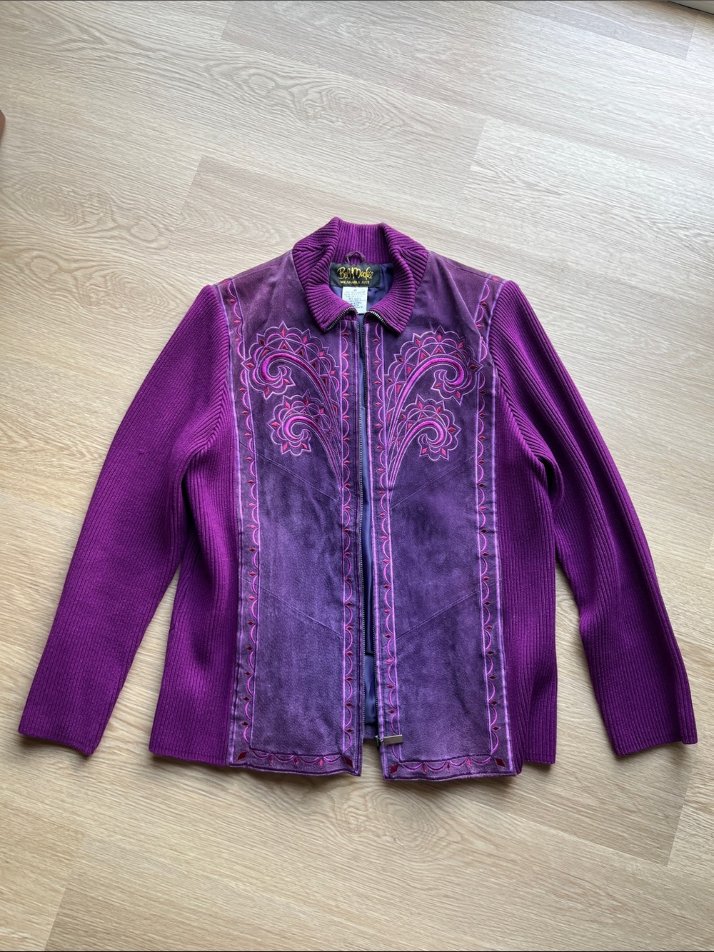 Bob Mackie 100% Leather Magenta Embroidered Zip Jacket